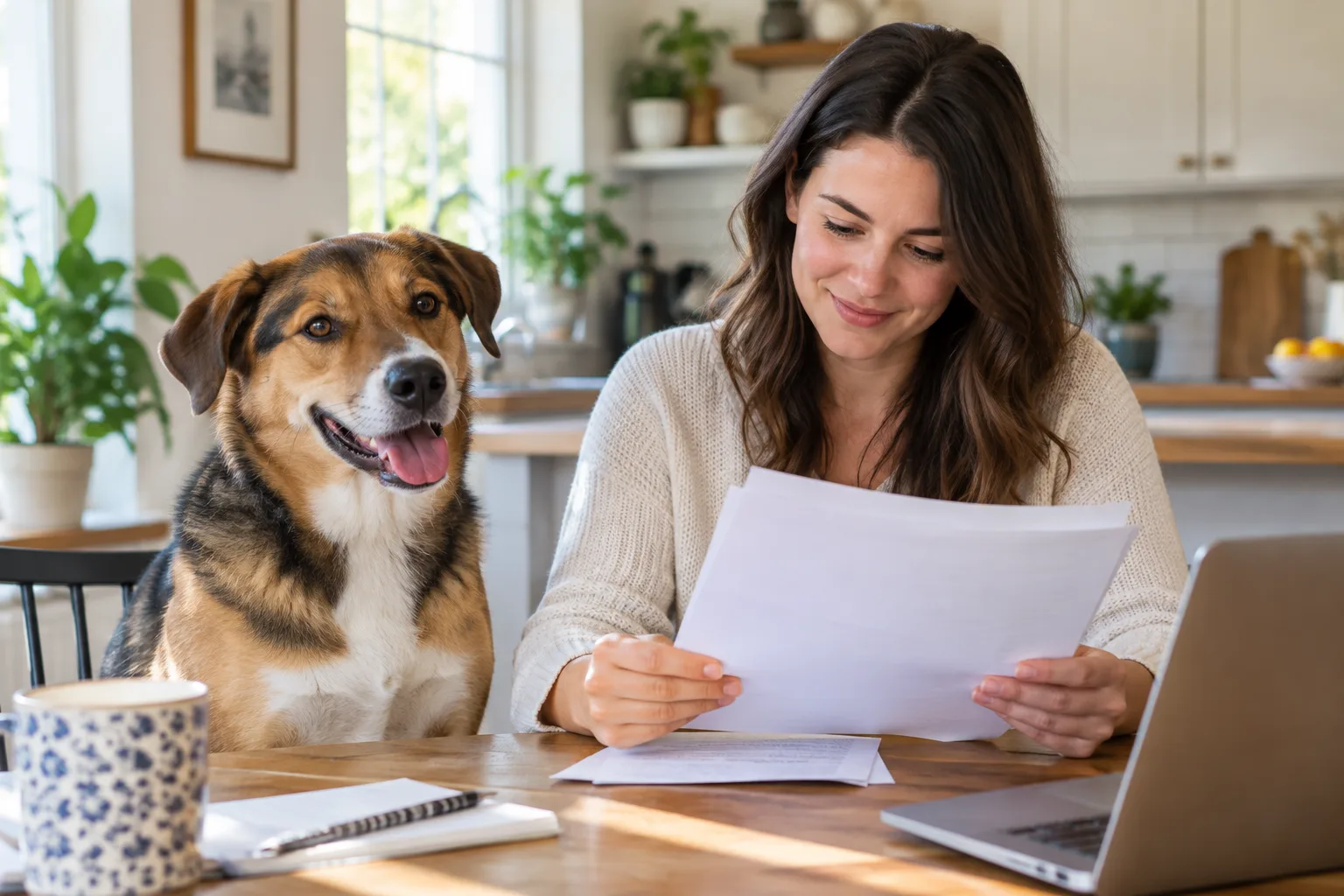 Owner reading a document beside a mixed-breed dog