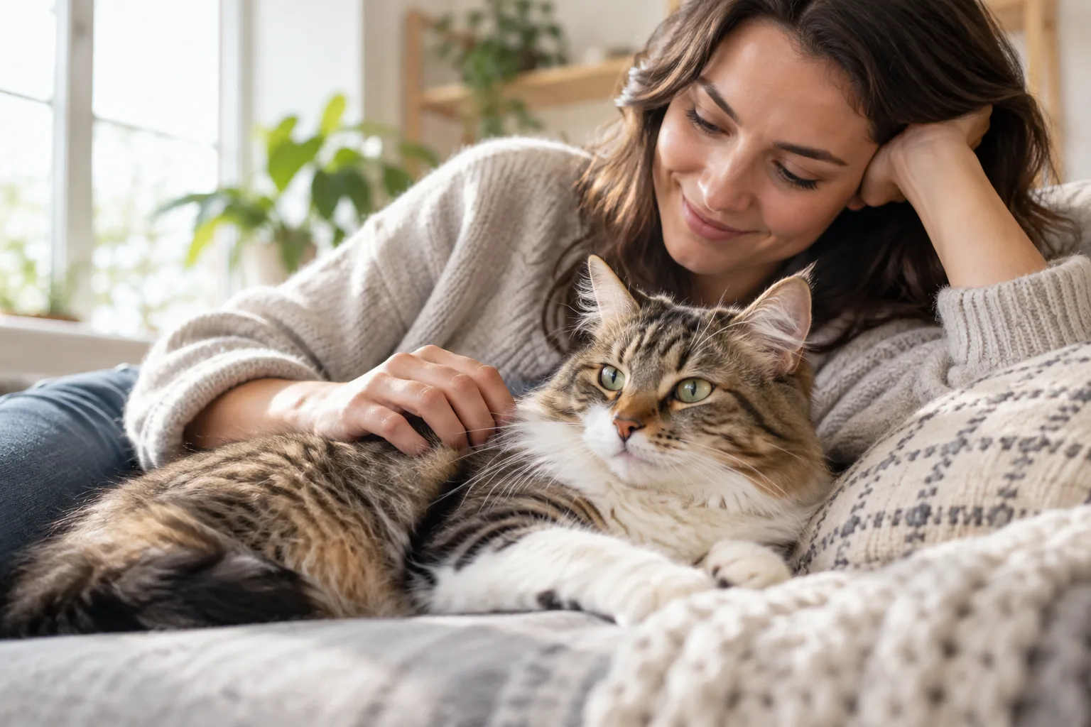 A cat resting beside its owner on a sofa